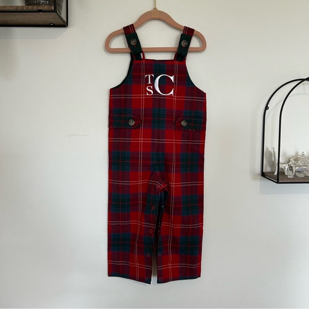 NWT The Beaufort Bonnet Company Red & Green Plaid TSC‎ Initial Overalls Size 2T